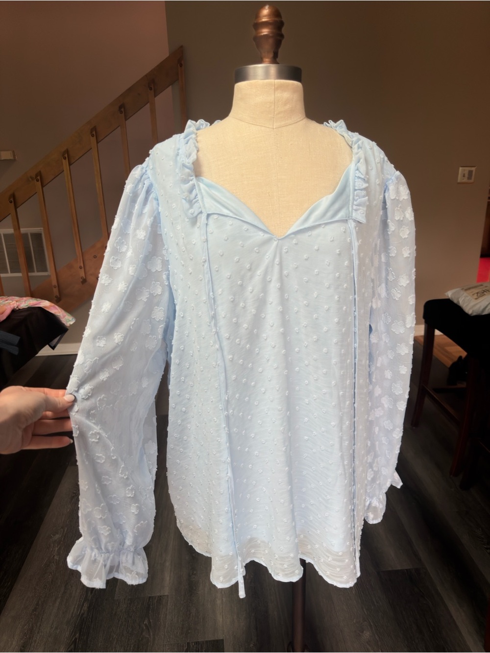 Chic Soul Pale Blue Swiss Dot Ruffle Collar Blouse